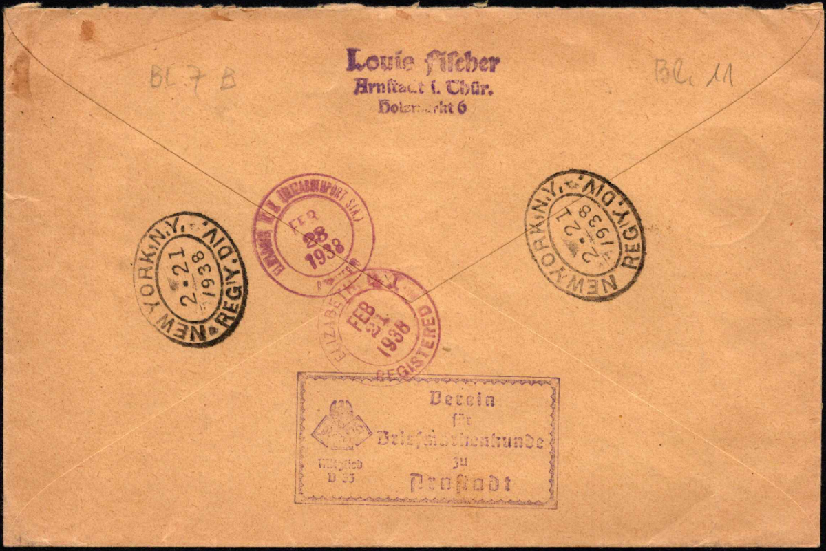 Vokietijos Reicho vokas su MiNr 512, 523, 653, 655 pašto ženklais ir ¼  blokų Nr. 8-9