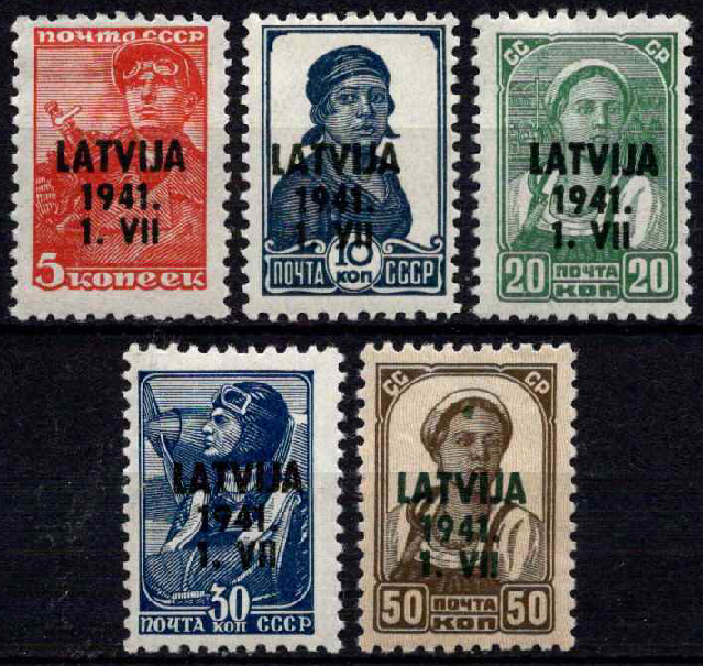 Vokietijos Reichas, Latvijos okupacija, MiNr 1-2, 4-6 MNH**/MLH*/MH*