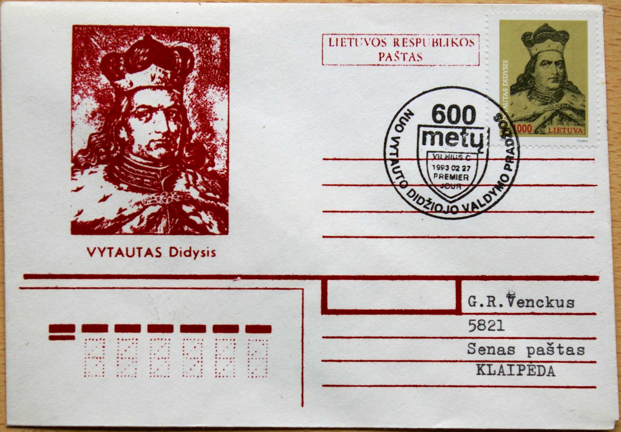 Lietuva, 1993m pirmos dienos vokas su MiNr 519 G