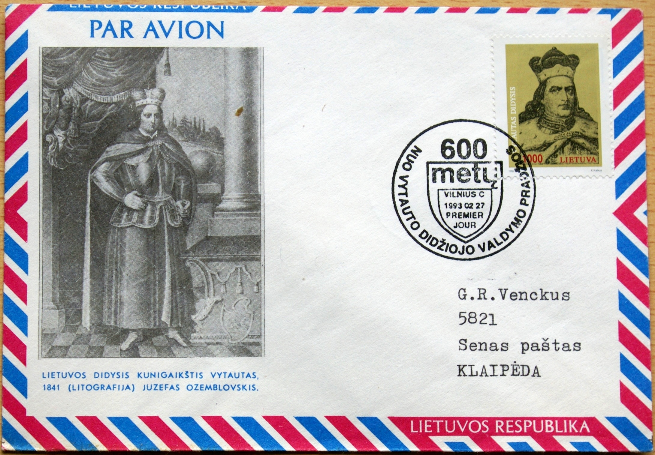 Lietuva, 1993m oro pašto pirmos dienos vokas su MiNr 519 G