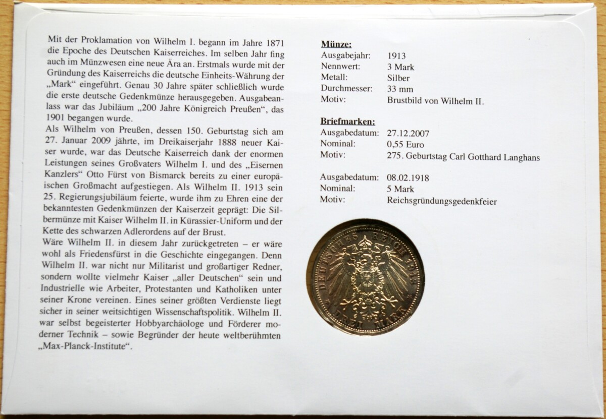 Numizmatinis vokas su Prūsijos 1913m, SIDABRINĖM 3 markėm ir MiNr 97A bei 2634 pašto ženklais