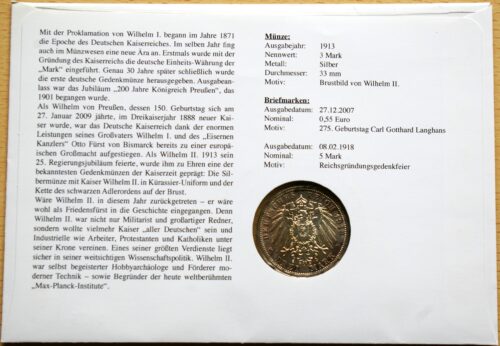 Numizmatinis vokas su Prūsijos 1913m, SIDABRINĖM 3 markėm ir MiNr 97A bei 2634 pašto ženklais