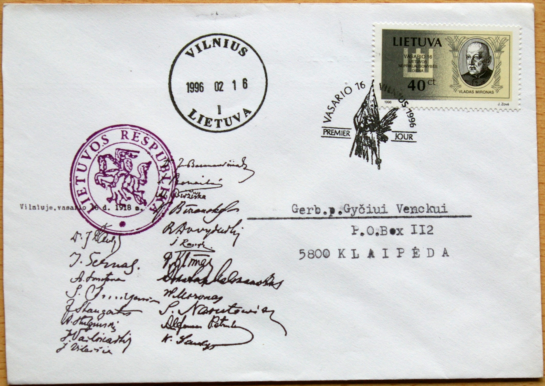 Lietuva, 1996m pirmos dienos vokas su MiNr 606 G