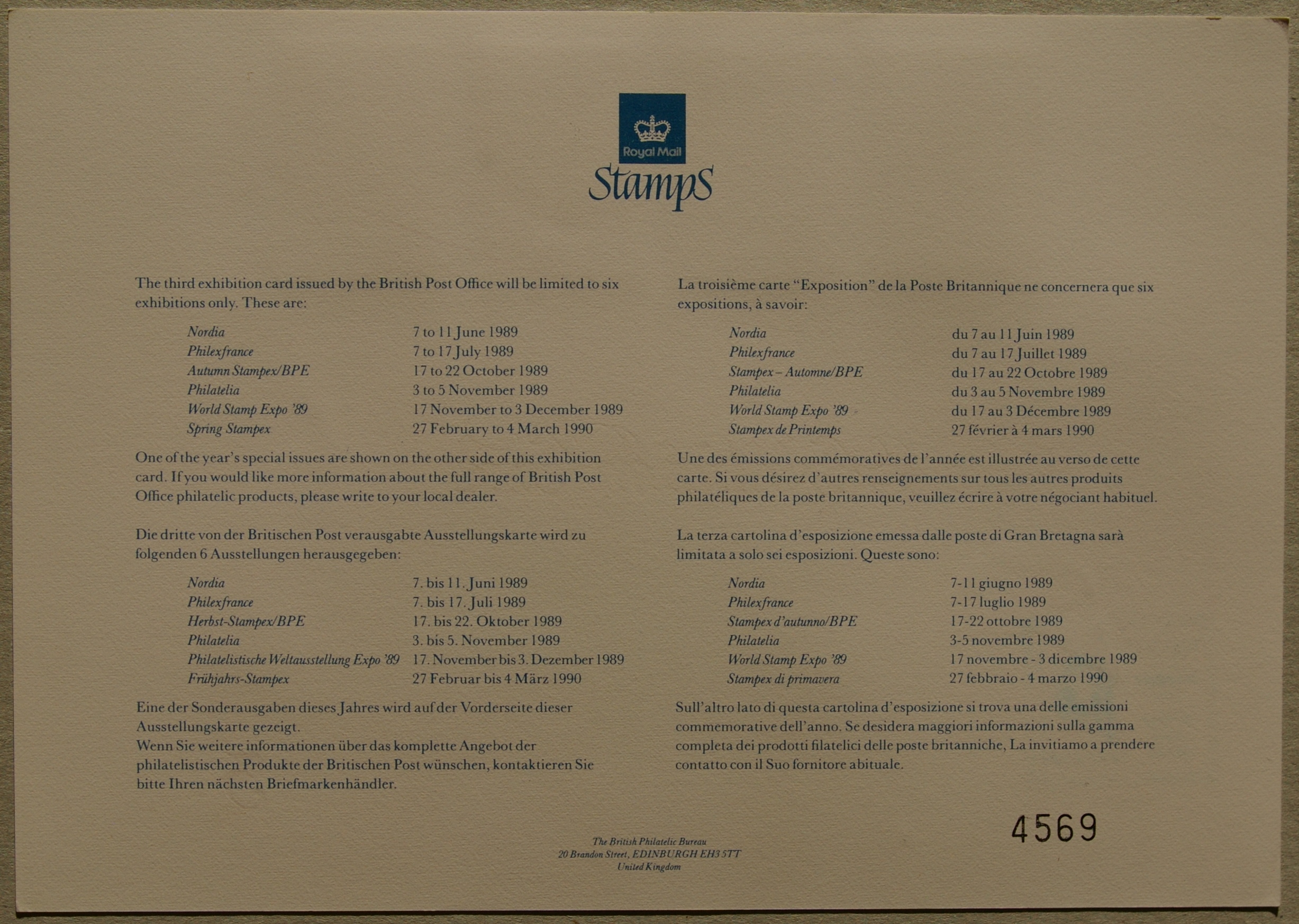 Didžioji Britanija, 1989m filatelijos parodos kortelė