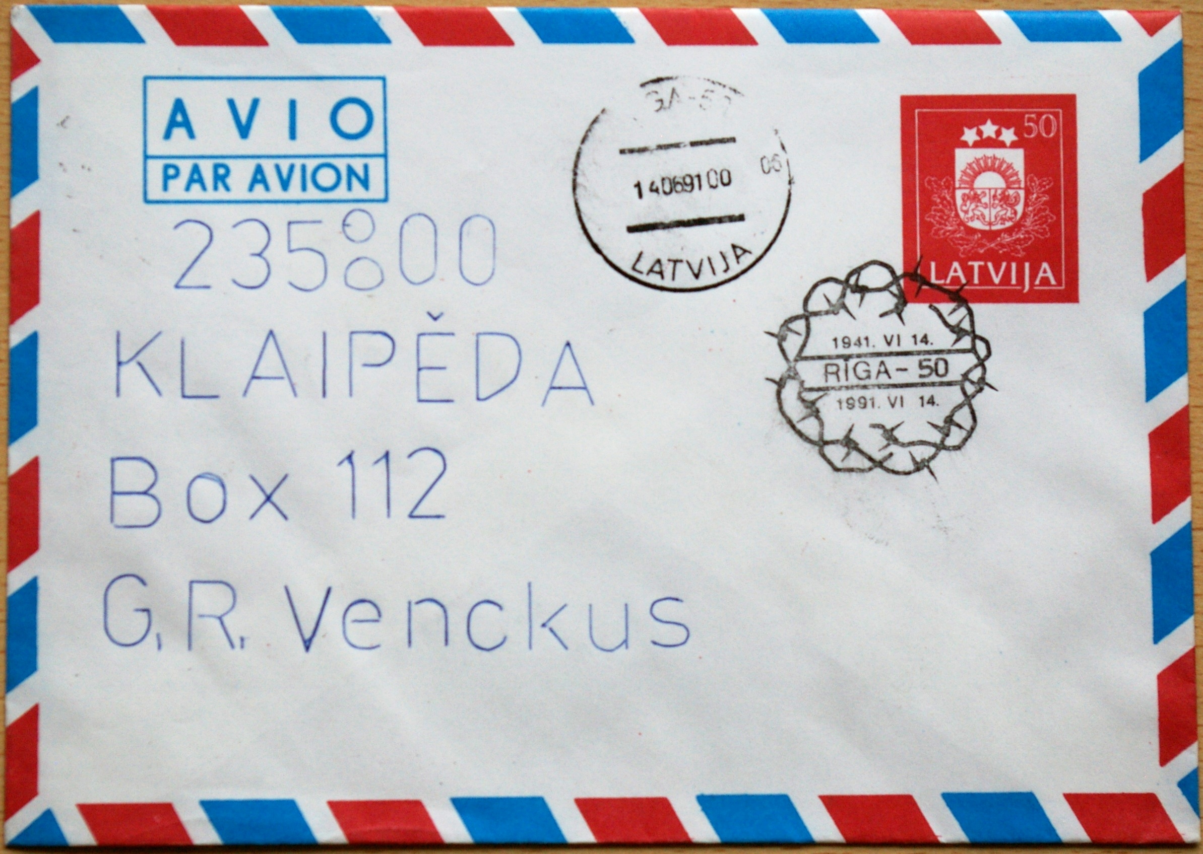 Latvija, 1991m pirmos dienos, markiruotas, oro pašto vokas G