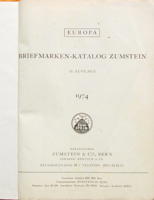 Zumstein Europa 1974 m. pašto ženklų katalogas G