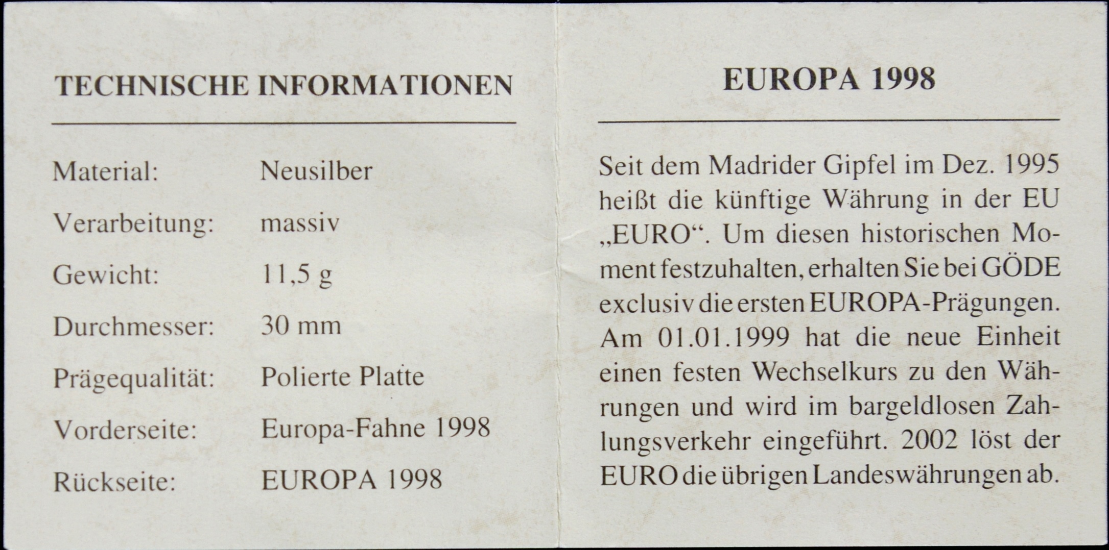 Vokietija, Europos medalis, 1998 m. PROOF Vokietija, Europos medalis, 1998 m. PROOF