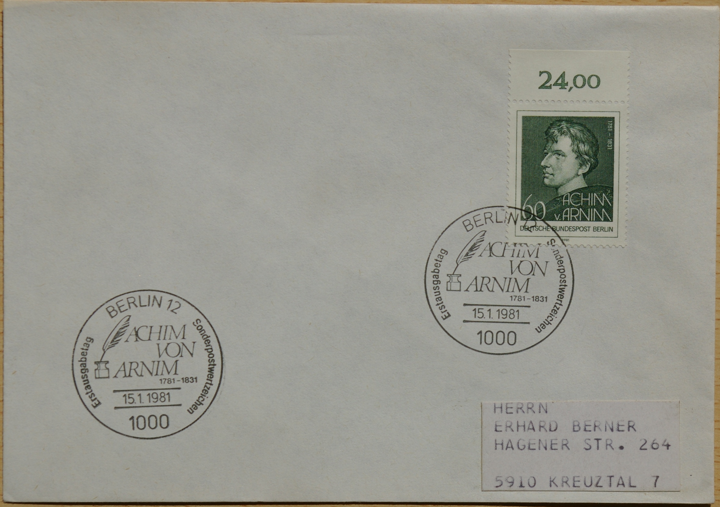 Vokietija, Vakarų Berlynas 1981m pirmos dienos vokas su MiNr 637