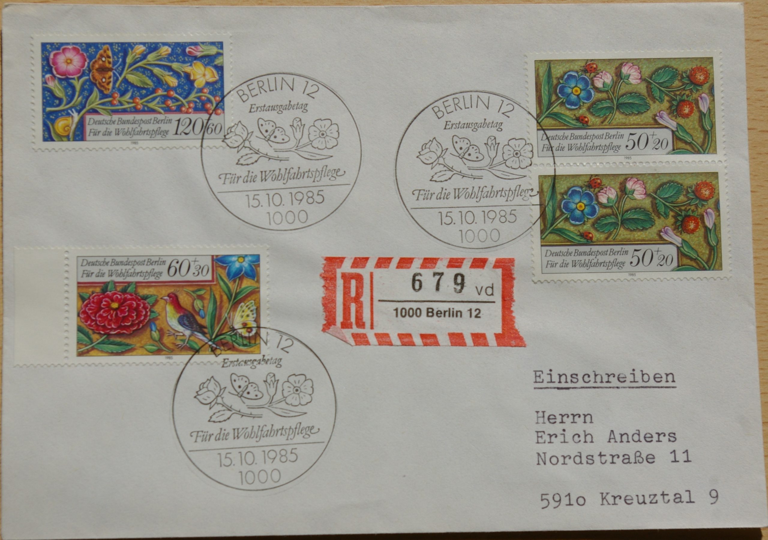 Vokietija, Vakarų Berlynas 1985m pirmos dienos vokas su MiNr 744-745, 747