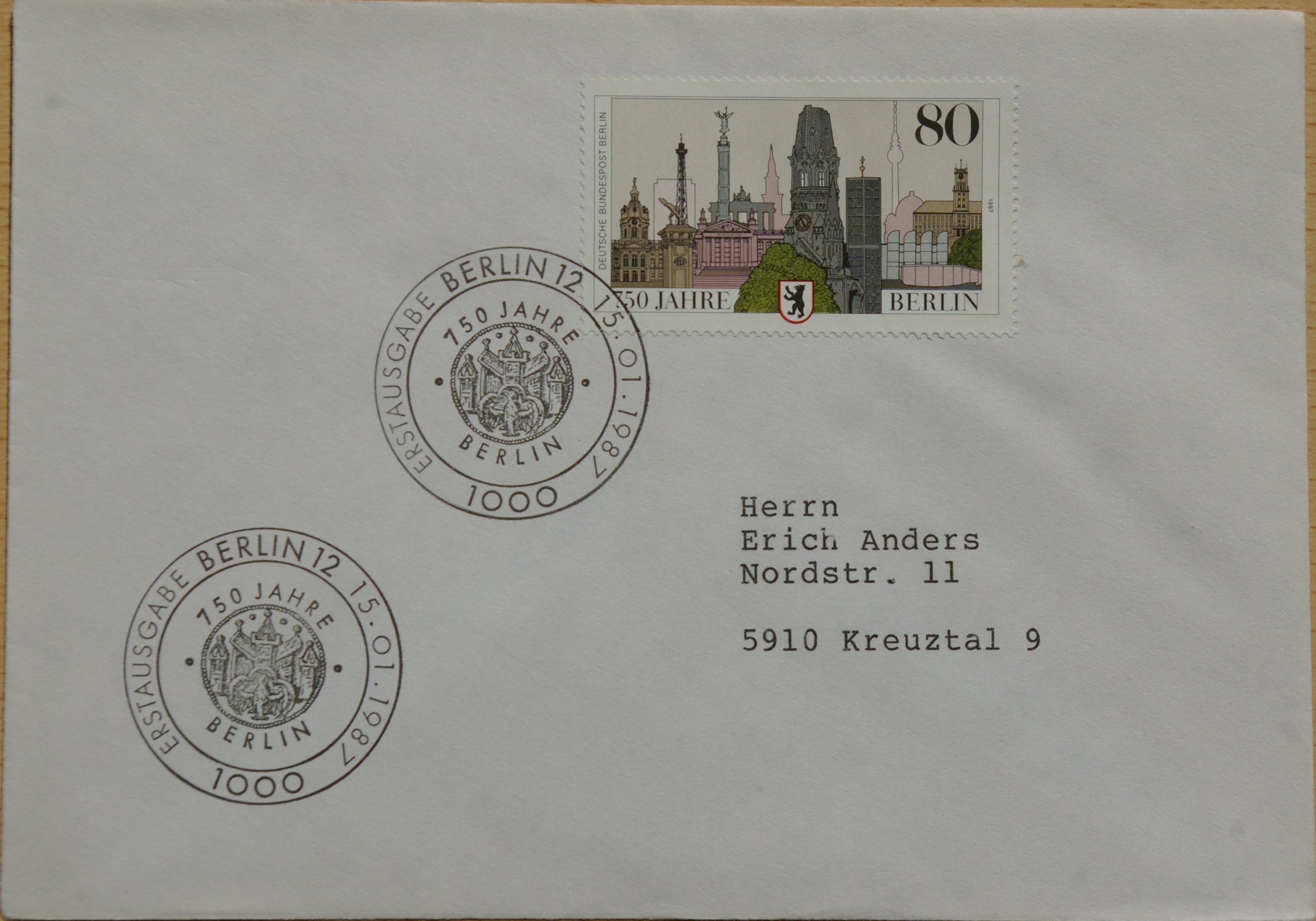 Vokietija, Vakarų Berlynas 1987m pirmos dienos vokas su MiNr 776