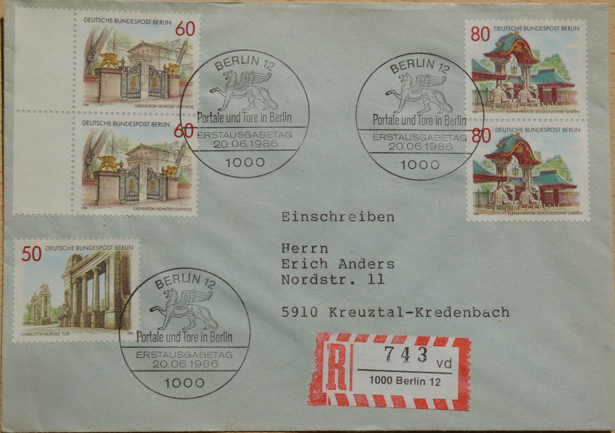 Vokietija, Vakarų Berlynas 1986m pirmos dienos vokas su MiNr 761-763