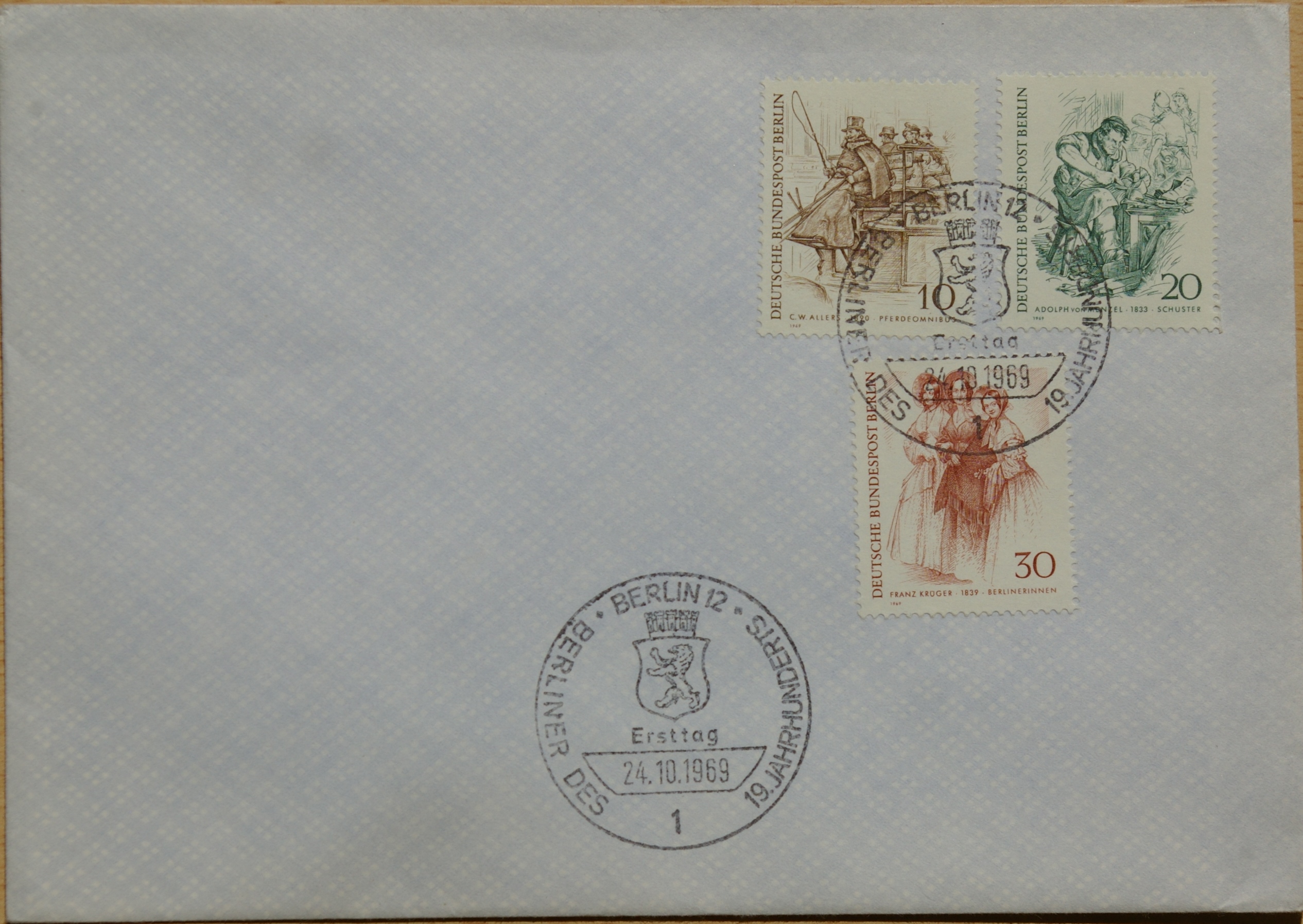 Vokietija, Vakarų Berlynas 1969m pirmos dienos vokas su MiNr 332, 334, 336