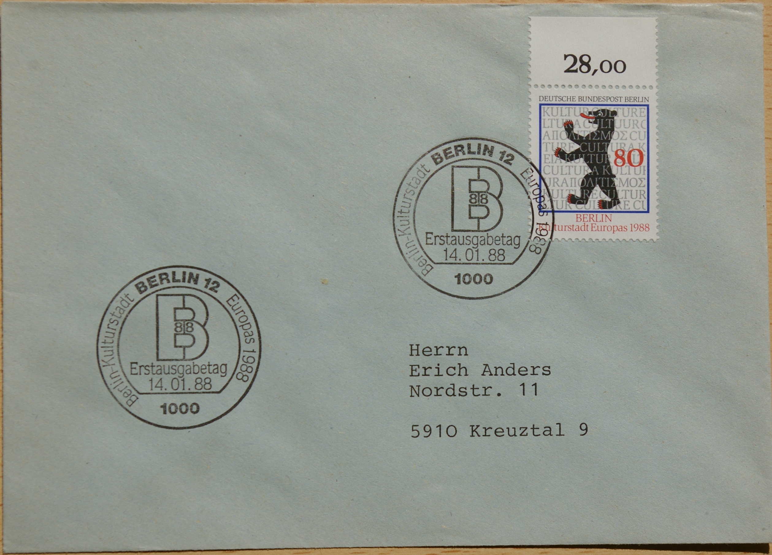Vokietija, Vakarų Berlynas 1988m pirmos dienos vokas su MiNr 800
