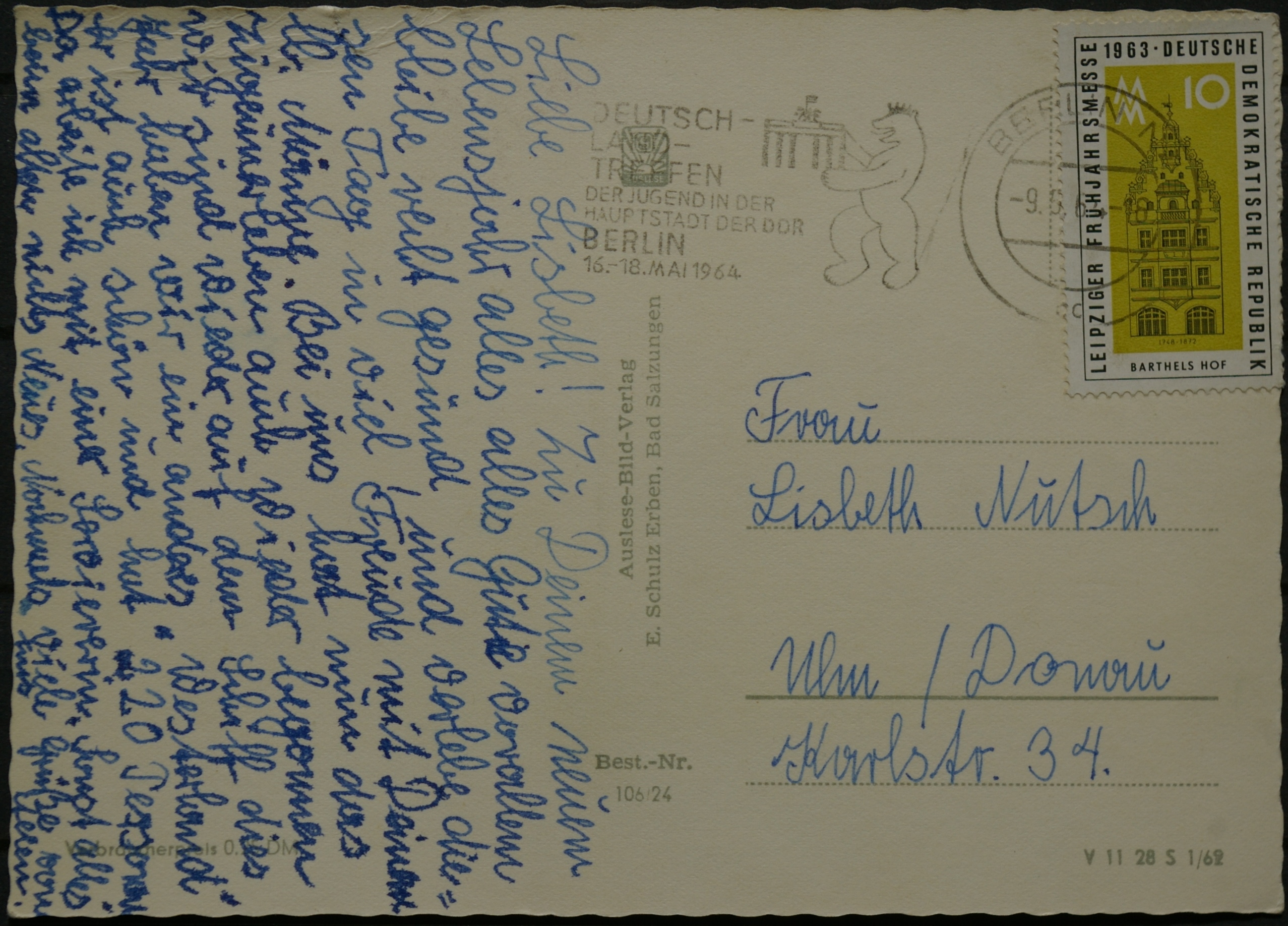 Vokietijos Demokratinė Respublika VDR, 1964m atvirlaiškis su MiNr 947